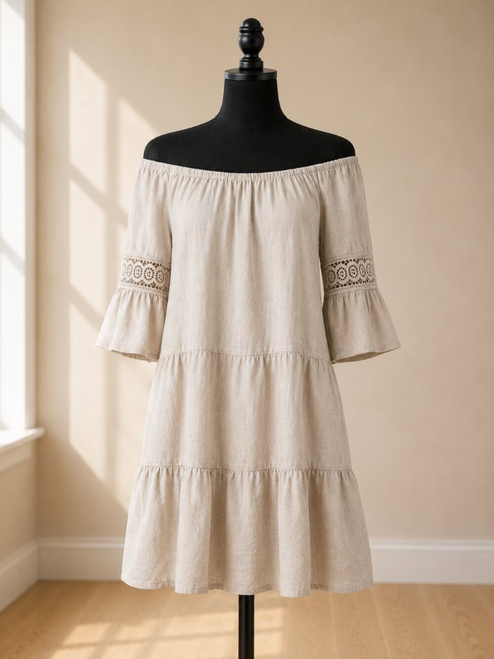 Terzo Millennio Italy 100% Linen Crochet Sleeve Dress Beige Size L